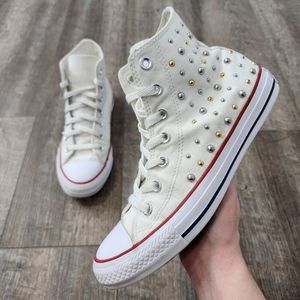 Converse White High Top Sneakers With Silver & Gold Studs, Women's Size 8